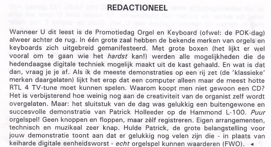 Recensie Middagoptreden Patrick Holleeder op Hammond tijdens de POK-Manifestatiedag, 10 oktober 1998