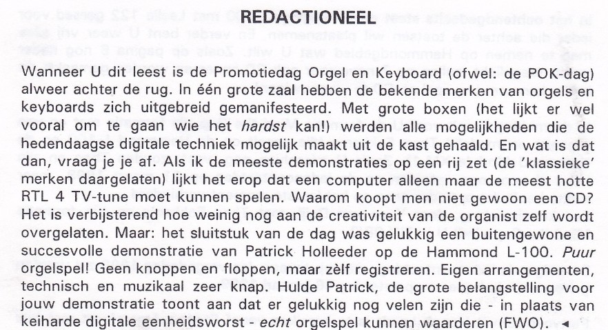 Recensie Middagoptreden Patrick Holleeder op Hammond tijdens de POK-Manifestatiedag, 10 oktober 1998 Recensie Middagoptreden Patrick Holleeder op Hammond tijdens de POK-Manifestatiedag, 10 oktober 1998