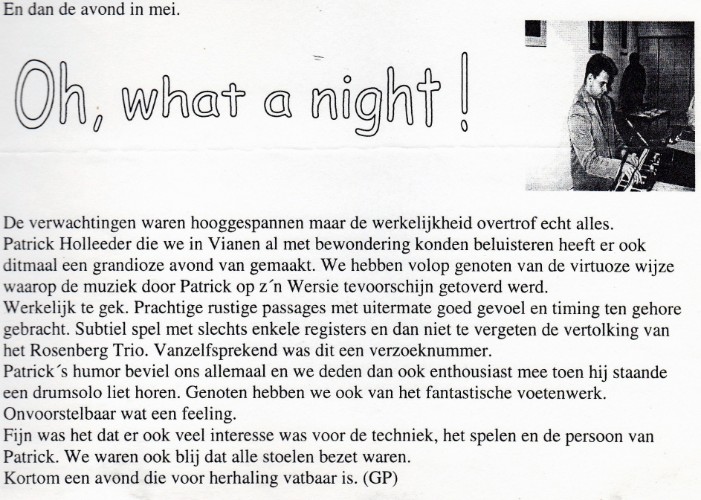 Recensie Gastoptreden Patrick Holleeder bij Vox Humana, 3 mei 1999 Recensie Gastoptreden Patrick Holleeder bij Vox Humana, 3 mei 1999