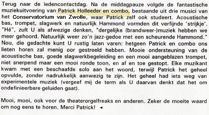 Recensie Optreden Zwols Conservatoriumcombo bij Hammondclub, 20 september 1997