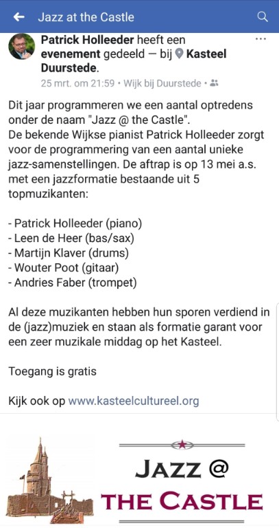 De bekende Wijkse pianist Patrick Holleeder zorgt voor de programmering van de serie Jazz @ the Castle