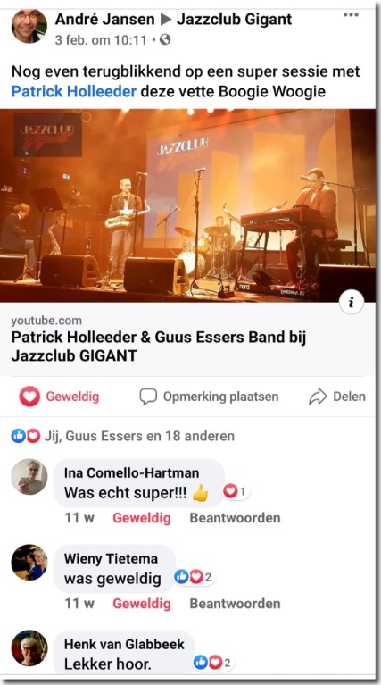 Reacties Optreden Patrick Holleeder & De Guus Essers Band, 26 januari 2020 Reacties Optreden Patrick Holleeder & De Guus Essers Band, 26 januari 2020